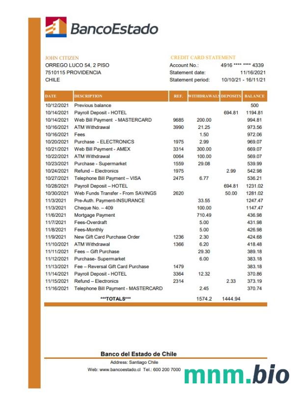 Szablon Oświadczenia Chile Banco de Chile w programie Word i PDF